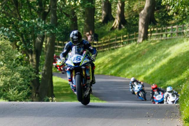 Mike Browne on the Burrows Engineering/RK Racing Yamaha at the Cock 'o the North meeting at Oliver's Mount in Scarborough. Picture: Peter Leverton