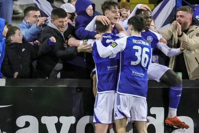 Paul McGovern celebrates scoring last season for Glenavon. (Photo by David Maginnis/Pacemaker Press)