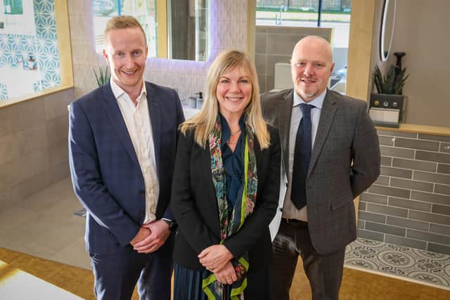 NI Chamber’s annual Meet the Buyer is on the move, with the 2023 event set to be hosted in Ballymena for the first time. Pictured are Niall Devlin, head of Business Banking NI, Bank of Ireland UK and Suzanne Wylie, chief executive, NI Chamber with David Salters, head of sourcing at Bassetts, who are one of 20 major buyers attending NI Chamber’s Meet the Buyer on November 16 in Ballymena