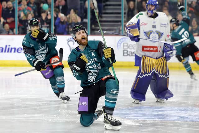 Belfast Giants’ Ciaran Long celebrates scoring against the Fife Flyers with Mark Cooper during Wednesday nights Challenge Cup Final at the SSE Arena, Belfast.  Photo by William Cherry/Presseye