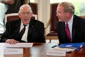 The then first minister Ian Paisley and deputy first minister Martin McGuinness pictured at a meeting of the Northern Ireland executive at Stormont Castle in Belfast in May 2007.  The two became known as the ‘chuckle brothers’. Rules changes agreed at the St Andrew's negotiations in 2006 means that the first minister comes from the largest party, not the largest designation (either unionist or nationalist) as it was originally in the Good Friday Agreement