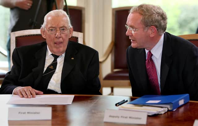 The then first minister Ian Paisley and deputy first minister Martin McGuinness pictured at a meeting of the Northern Ireland executive at Stormont Castle in Belfast in May 2007.  The two became known as the ‘chuckle brothers’. Rules changes agreed at the St Andrew's negotiations in 2006 means that the first minister comes from the largest party, not the largest designation (either unionist or nationalist) as it was originally in the Good Friday Agreement