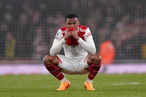 Arsenal's Gabriel appears dejected after the Premier League match at the Emirates Stadium, London. Picture date: Friday April 21, 2023.