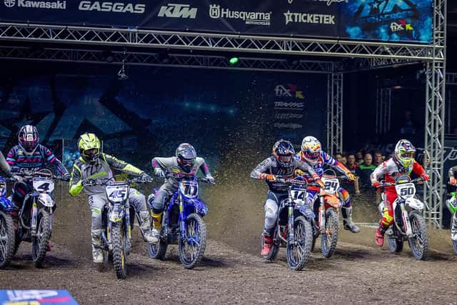 NI riders James Mackrel (65), Jason Meara (10) and Martin Barr (50) blast away with the pack at the OVO Arena Wembley, London. Picture: visualmxphotography