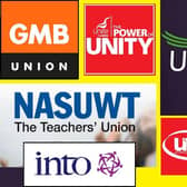 The logos of the striking unions