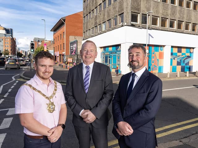 Lord Mayor of Belfast councillor Ryan Murphy, DfC’s Patrick Anderson, director, of Belfast Regeneration and LQ BID managing director Chris McCracken