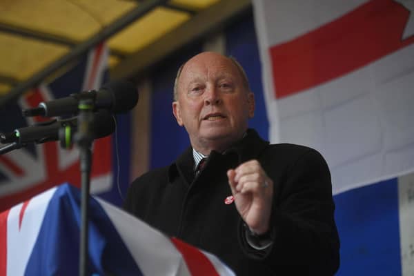 TUV Leader Jim Allister speaks during a anti-Northern Ireland Protocol rally in Bangor, County Down. Picture date: Saturday April 30, 2022.
