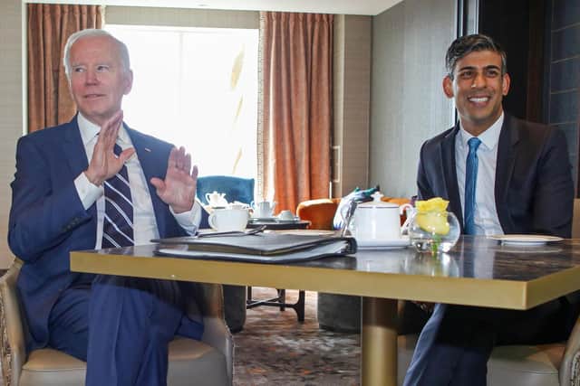Prime Minister Rishi Sunak (right) meets with US President Joe Biden at the Grand Central Hotel in Belfast