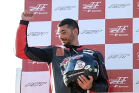 Derek Sheils on the podium at the Classic TT in 2019 after finishing as the runner-up in the RST Classic Superbike race on the Greenhall Kawasaki