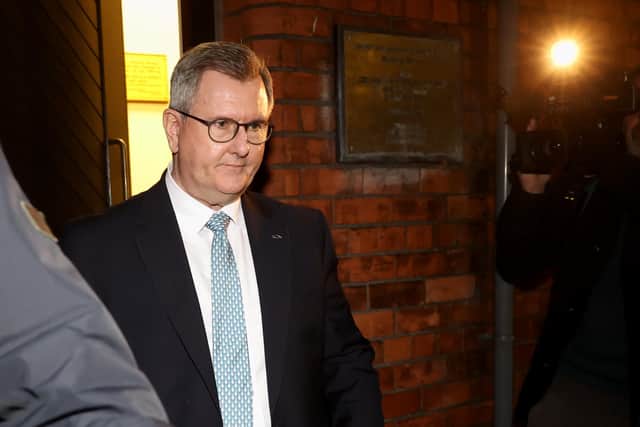 DUP leader Sir Jeffrey Donaldson leaving his party's HQ at Dundela in east Belfast, where he briefed senior members on government proposals aimed at ending Stormont's powersharing impasse before heading to Larchfield estate outside Lisburn where his party executive endorsed a return to Stormont. Photo: Liam McBurney/PA Wire