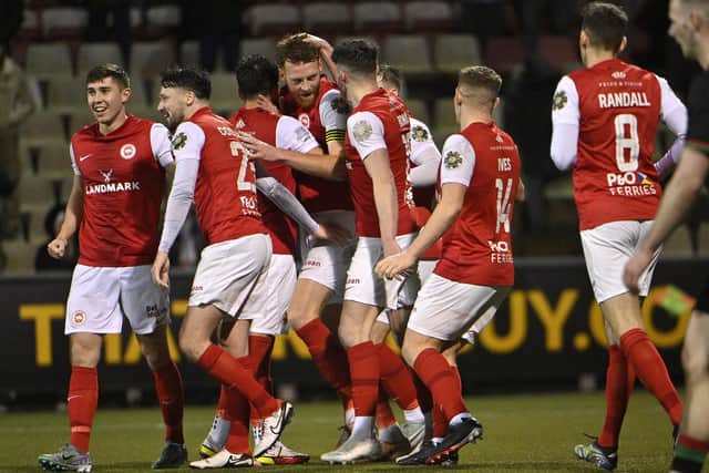 Cian Bolger celebrates after scoring in the Co Antrim Shield final. PIC: INPHO/Stephen Hamilton