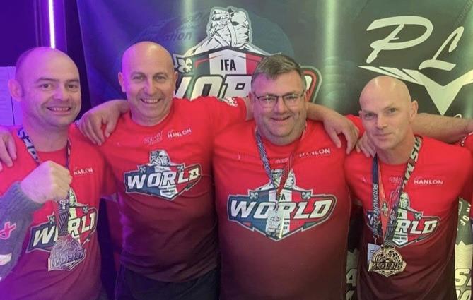 Northern Ireland champions, Stanley Hamilton, David Gibson and Robert Nicholl with Dan Axeworthy from England at the 2022 world championships in France