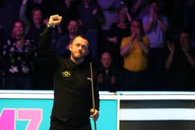 Northern Ireland's Mark Allen reacts to making a maximum break of 147 in his quarter-final match against Mark Selby of England during day six of the MrQ Masters Snooker 2024 at Alexandra Palace. (Photo by Alex Pantling/Getty Images)