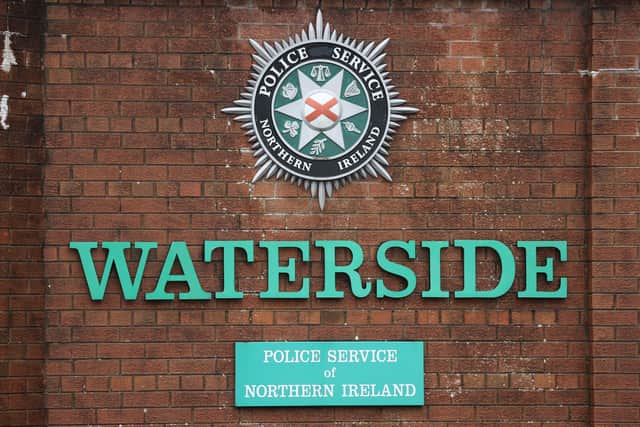 Waterside police station in Londonderry, Northern Ireland. where a car containing a suspect device was parked outside the gates. The vehicle driven to the police station in Londonderry contained an elaborate hoax device made to look like a car bomb, a senior officer has said. Picture date: Monday November 21, 2022.