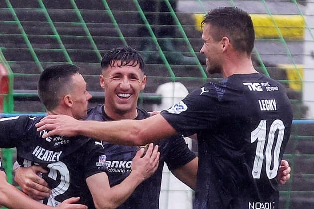 ​Carrick Rangers forwards, from left, Paul Heatley, Danny Gibson and Adam Lecky. (Photo by Jonathan Porter/PressEye Ltd)