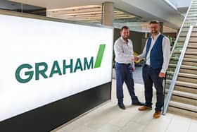 Co Tyrone manufacturer AG has strengthened its relationship with one of the UK and Ireland’s largest construction and civil engineering companies after securing a new strategic supply agreement naming it a preferred supplier until the end of 2028. Pictured is Rodney Davidson, sales director, Ireland, AG and Gordon Morrow, head of strategic supply agreements and procurement, Graham at their head office in Hillsborough