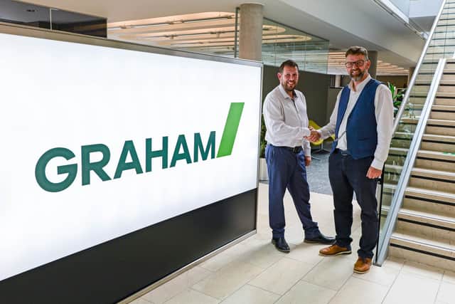 Co Tyrone manufacturer AG has strengthened its relationship with one of the UK and Ireland’s largest construction and civil engineering companies after securing a new strategic supply agreement naming it a preferred supplier until the end of 2028. Pictured is Rodney Davidson, sales director, Ireland, AG and Gordon Morrow, head of strategic supply agreements and procurement, Graham at their head office in Hillsborough