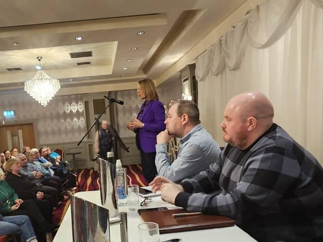 National union leaders and local politicians pictured at a previous meeting held last month in bid to save 300 Northern Ireland jobs at BT Enniskillen