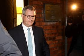 DUP leader Sir Jeffrey Donaldson leaving his party's HQ at Dundela in east Belfast yesterday, where he briefed senior members on the deal between the DUP and government. Photo: Liam McBurney/PA Wire