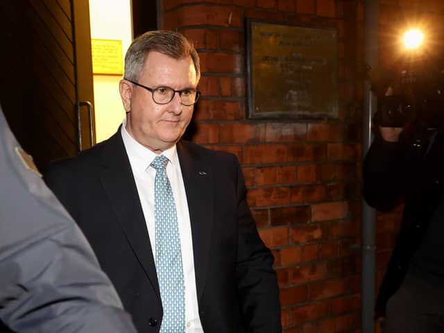 DUP leader Sir Jeffrey Donaldson leaving his party's HQ at Dundela in east Belfast yesterday, where he briefed senior members on the deal between the DUP and government. Photo: Liam McBurney/PA Wire