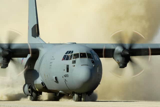 An RAF C130-J Hercules lands at Camp Bastion, Southern Afghanistan. On Wednesday 14 June they will fly over Aldergrove as part of a UK wide flight path to mark their retirement.