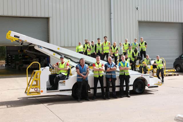 Northern Ireland based airport ground support equipment (GSE) manufacturer, Mallaghan, has unveiled the Mallaghan SkyBelt, a highly capable, fully electric conventional belt loader. Pictured are the Mallaghan Skybelt team