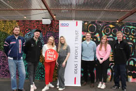 L-R – Jon-Joe Rogers, owner of American Madness, Max McPherson from Trademarket pictured with Nadia Duncan from NI Chest Heart and Stroke, Laura Wright, Jack Black and Abbie Laughlin from local business advisory firm BDO NI and Jack Rice from Trademarket who launched the Pre-loved Fashion Market due to come to the Linen Quarter, Belfast in partnership with Trademarket