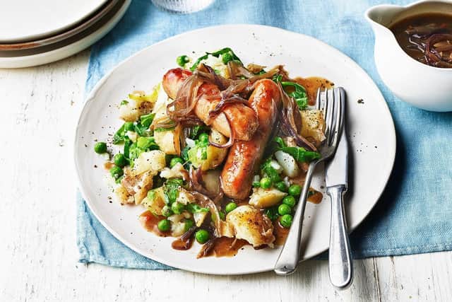 Sausages and champ served with green veg and lashings of gravy is an Irish favourite that is nutritious, filling and superbly economical as well as a family staple
