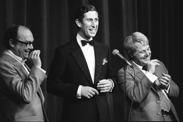 The Prince of Wales on stage with comedy duo Eric Morecambe, left, and Ernie Wise, right, during their special Royal Charity Show in aid of the Queen's Jubilee Appeal.:PA:King Charles lll