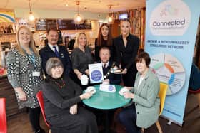 Attending the Connected Cafe Launch are (lL-R) Denise McClenaghan, NHSCT, Councillor Norrie Ramsey, Antrim and Newtownabbey Borough Council, Jamaine Woodside, Caffe 3, Leah Glass, NHSCT and Sophie McCorriston, Caffe 3. (Seated L-R )Valerie Adams, Chairperson of the Antrim and Newtownabbey Loneliness Network, Mayor of Antrim and Newtownabbey Borough Council, Alderman Stephen Ross and Councillor Noreen McClelland, Antrim and Newtownabbey Borough Council.