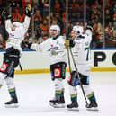 Belfast Giants’ Greg Printz celebrates scoring the winner in overtime against the Cardiff Devils during Saturday night’s EIHL Playoff semi-final at the Motorpoint Arena, Nottingham. (Photo by William Cherry/PressEye)