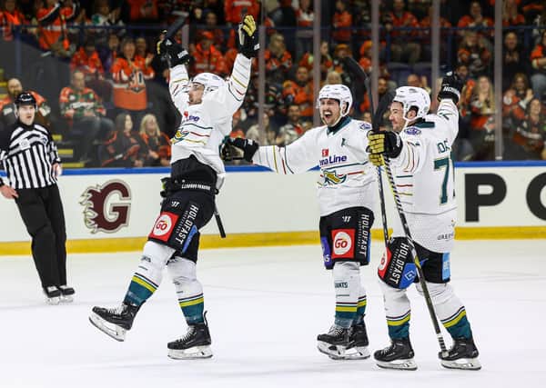 Belfast Giants’ Greg Printz celebrates scoring the winner in overtime against the Cardiff Devils during Saturday night’s EIHL Playoff semi-final at the Motorpoint Arena, Nottingham. (Photo by William Cherry/PressEye)
