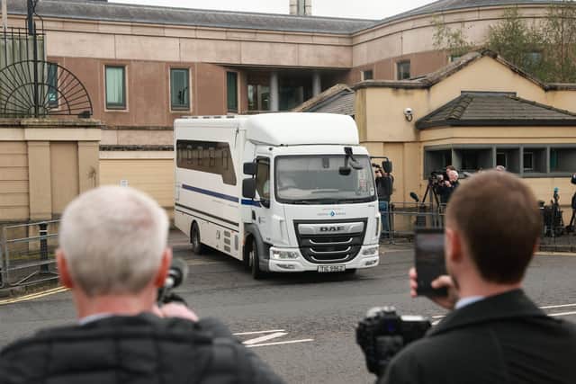 A prison van carrying Jeffrey Donaldson leaves Newry Crown Court after the former DUP leader was sentenced to 15 years in jail