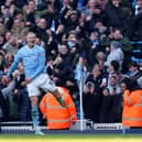 Manchester City's Erling Haaland celebrates scoring the opening goal during the Premier League match against Liverpool at the Etihad Stadium. (Photo by Martin Rickett/PA Wire)