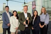 Belfast’s stellar business events venue ICC Belfast has won a Platinum award in the Convention Centre category of the global Eventex Awards 2025. Pictured is Dave Young, head of production, Jenni Yau, head of association sales, Rob McConnell, chief executive, Laurel Gray, head of events and Laura O’Kane, marketing campaign manager from ICC Belfast. Photo credit: Ricky Parkinson Photography