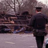 Remains of the van in which eight workmen were killed in an IRA landmine explosion in January 1991. Photo: Pacemaker