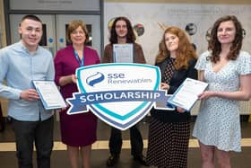 Pictured at North West Regional College (NWRC) during the presentation of the 2024 SSE Renewables Scholarship Fund (L–R): Darragh McNulty (Student), Dr Catherine O’Mullan, Director of Curriculum and Academic Standards at NWRC, Joshua King (Student), Annette Duffy, Community Investment Manager at SSE Renewables, and Kaitlyn Deschner (Student).