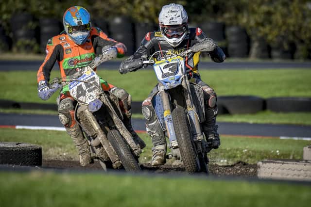 Richard Kerr leads Scott Swann at the Philip Whylie Memorial Supermoto meeting at Nutts Corner. Picture: Tommy Vennard