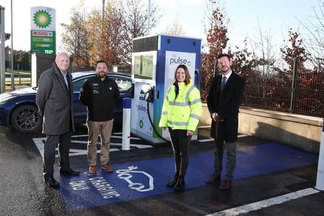 Henderson Group and bp pulse, bp’s electric vehicle charging business, have signed an agreement to work together to install up to 200 electric vehicle (EV) charge points at around 100 Henderson Retail sites across Northern Ireland within the next two years, including at 30 bp branded Henderson Retail locations. Pictured are Stephen Hamilton and Ron Whitten from Henderson Group with Easton Boyd and Ailsa Wilkins from bp at one of the first of the new bp pulse Electric Vehicle charging points to be installed as part of the new network of ultra-fast and rapid chargers at around 100 bp and Henderson Retail sites in Northern Ireland