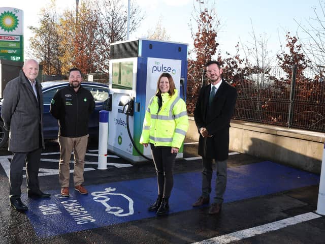 Henderson Group and bp pulse, bp’s electric vehicle charging business, have signed an agreement to work together to install up to 200 electric vehicle (EV) charge points at around 100 Henderson Retail sites across Northern Ireland within the next two years, including at 30 bp branded Henderson Retail locations. Pictured are Stephen Hamilton and Ron Whitten from Henderson Group with Easton Boyd and Ailsa Wilkins from bp at one of the first of the new bp pulse Electric Vehicle charging points to be installed as part of the new network of ultra-fast and rapid chargers at around 100 bp and Henderson Retail sites in Northern Ireland