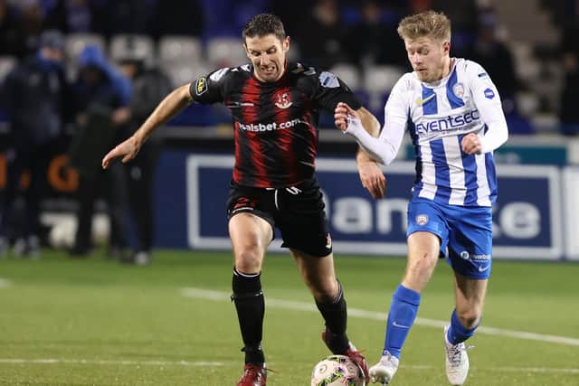Coleraine's Lyndon Kane (right) and Crusaders' Gary Thompson during a Premiership clash earlier in the season