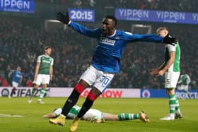 Rangers' Fashion Sakala celebrates scoring his side's first goal of the game during the cinch Premiership match at the Ibrox Stadium, Glasgow