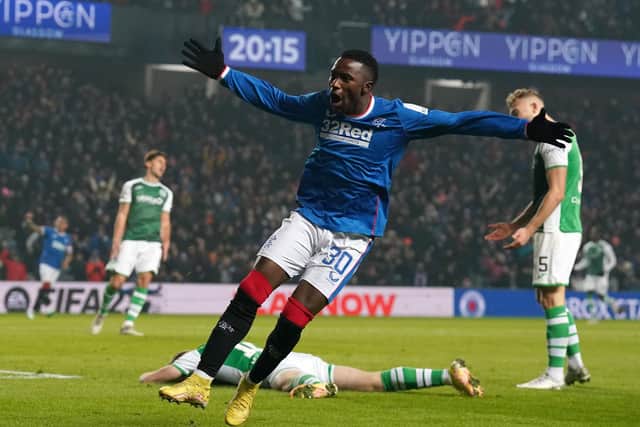 Rangers' Fashion Sakala celebrates scoring his side's first goal of the game during the cinch Premiership match at the Ibrox Stadium, Glasgow