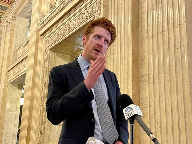 Leader of the Opposition Matthew O'Toole (SDLP MLA) speaks to members of the media in the Great Hall of Parliament Buildings, Stormont. Photo: David Young/PA Wire