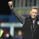 Glentoran manager Duncan Ferguson salutes the away supporters in Coleraine ahead of kick-off for his first fixture as Irish League manager. (Photo by Desmond Loughery/Pacemaker)