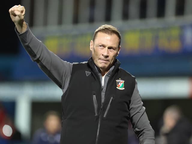 Glentoran manager Duncan Ferguson salutes the away supporters in Coleraine ahead of kick-off for his first fixture as Irish League manager. (Photo by Desmond Loughery/Pacemaker)
