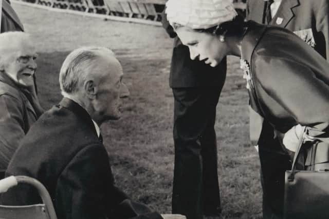 HM Queen Elizabeth II with John Gordon (Veteran of the Battle of the Somme) at the 50th Commemoration of the Battle of the Somme, King's Hall Balmoral, photographed by Pat in 1966