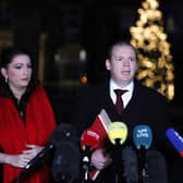 December 18, 2023: Talks continue at Hillsborough Castle between local parties and the British Government to try and restore the Northern Ireland Assembly. The DUP’s Gordon Lyons and Emma Little Pengelly (Picture by Jonathan Porter/PressEye)