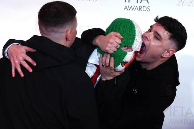 Members of Kneecap at the Irish Film and Television Academy (IFTA) Awards Ceremony in Dublin on Friday (14th). Photo: Brian Lawless/PA Wire