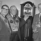 The Lord Mayor of Belfast Tommy Patton and retiring District Master of No 6 District (Ballymacarrett), Mr Arthur Best, received presentation in March 1983 from the officers of the County Grand Orange Lodge of Belfast in Albertbridge Road Orange Hall. Included are William Duncan, District Master, and the Reverend Martin Smyth. Picture: News Letter archives